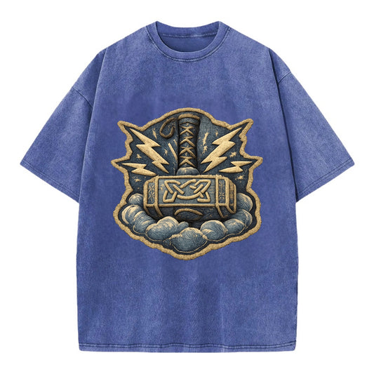 THOR HAMMER MJOLNIR - mighty hammer in silver and blue , thunder god - Vintage T-shirt - Blue