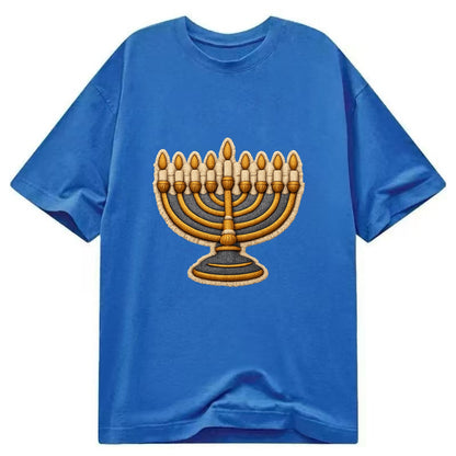 MENORAH LIGHTS - nine branch candelabra in gold and blue , Hanukkah - Classic T-shirt - Blue