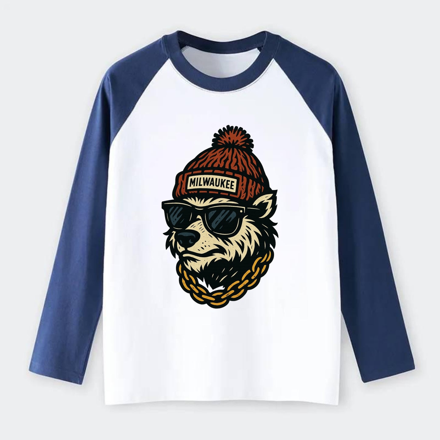 Milwaukee Badger wearing Milwaukee beanie with pom pom and wayfarer - Raglan Long Sleeve T-Shirt - Blue
