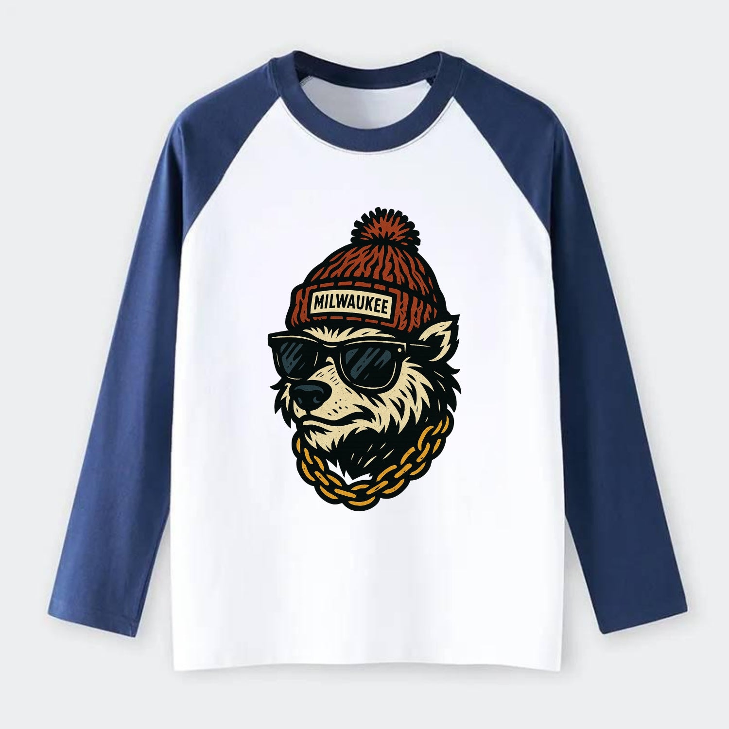 Milwaukee Badger wearing Milwaukee beanie with pom pom and wayfarer - Raglan Long Sleeve T-Shirt - Blue