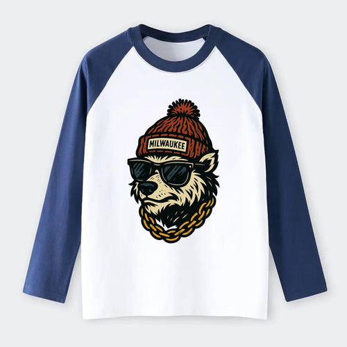 Milwaukee Badger wearing Milwaukee beanie with pom pom and wayfarer - Raglan Long Sleeve T-Shirt
