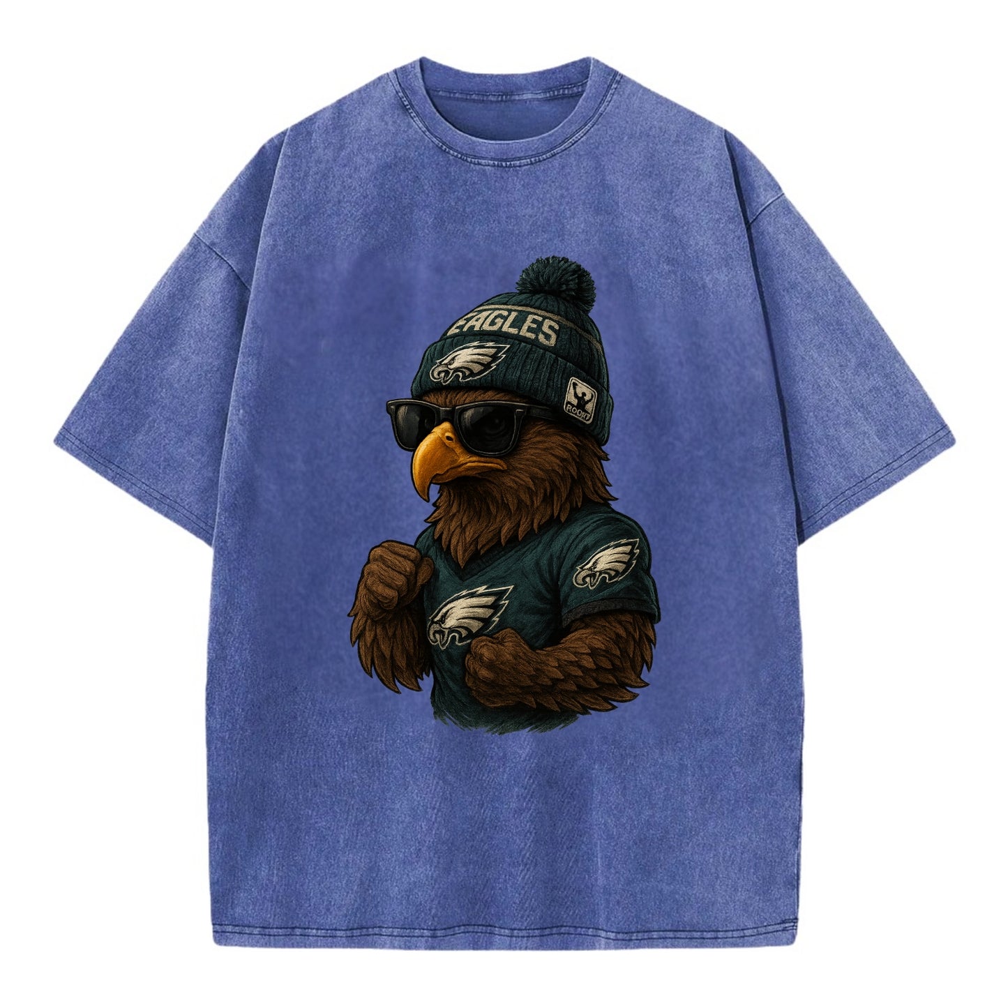 Philly Hawk wearing Eagles beanie with Rocky patch and wayfarer sunglasses - Vintage T-shirt - Blue