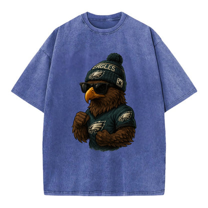 Philly Hawk wearing Eagles beanie with Rocky patch and wayfarer sunglasses - Vintage T-shirt - Blue