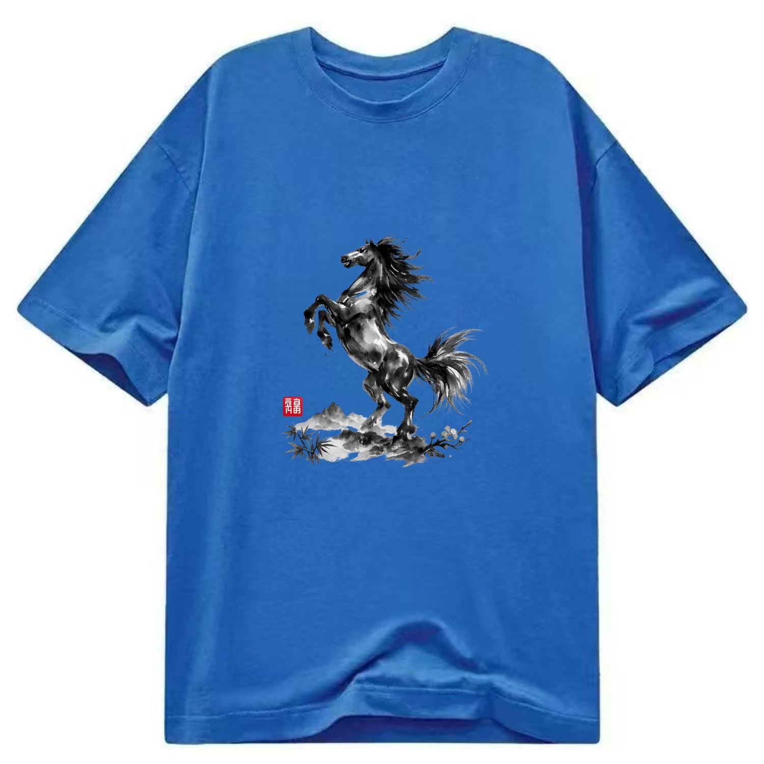 WILD STALLION | Powerful stallion rearing up | Windswept mane and tail | Mountain - Classic T-shirt - Blue