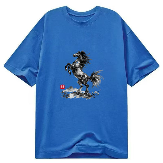 WILD STALLION | Powerful stallion rearing up | Windswept mane and tail | Mountain - Classic T-shirt - Blue