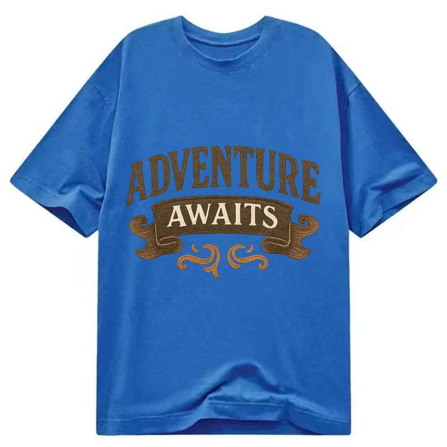 Bold typography design - "ADVENTURE AWAITS" - excitement ahead, ready for anything - Classic T-shirt - Blue