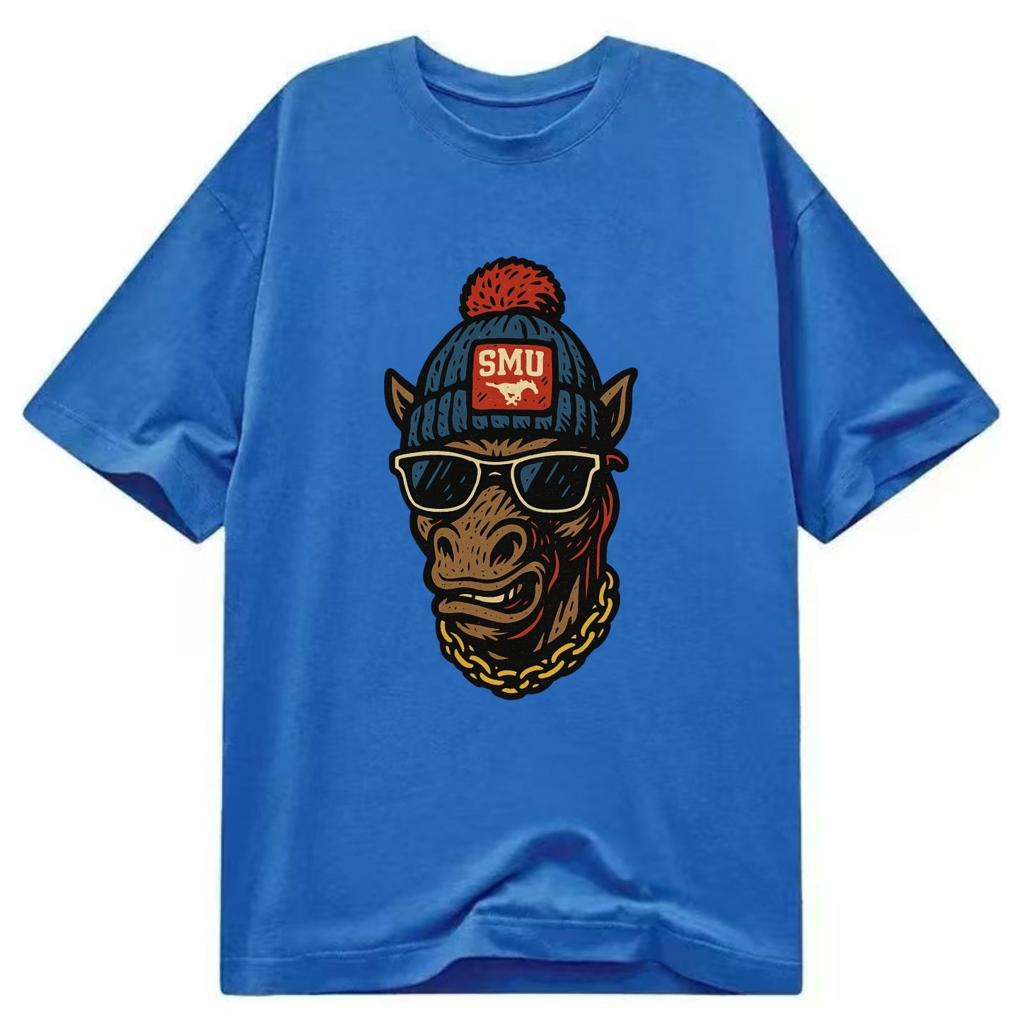 Dallas Mustang wearing SMU beanie with pony patch - Classic T-shirt - Blue
