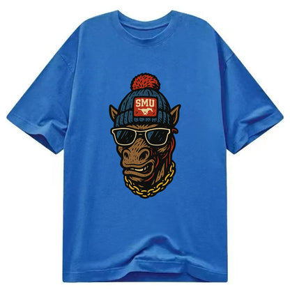 Dallas Mustang wearing SMU beanie with pony patch - Classic T-shirt - Blue