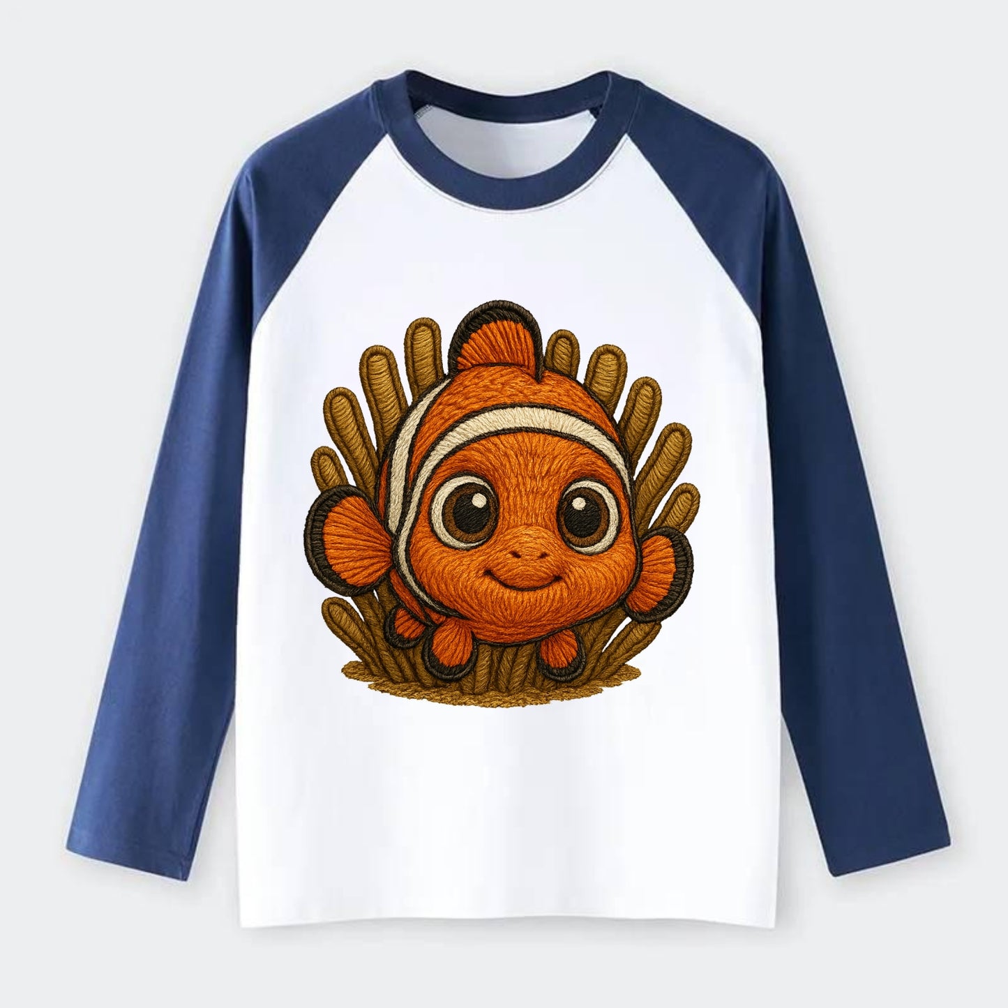 Baby Clownfish - orange with white stripes, big round eyes, - Raglan Long Sleeve T-Shirt - Blue