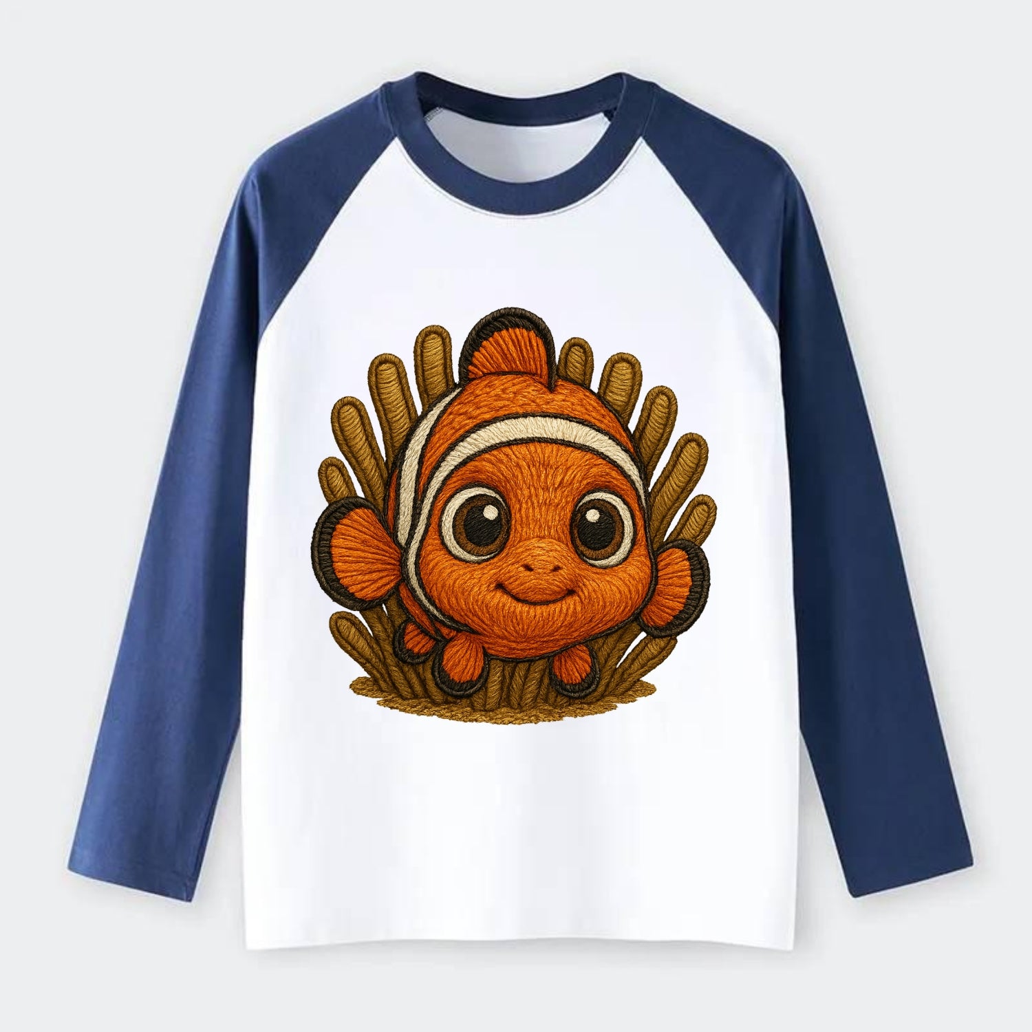 Baby Clownfish - orange with white stripes, big round eyes, - Raglan Long Sleeve T-Shirt - Blue