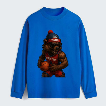 Motor City Wolverine wearing Pistons beanie with gear patch and - Classic Long Sleeve Shirt - Blue