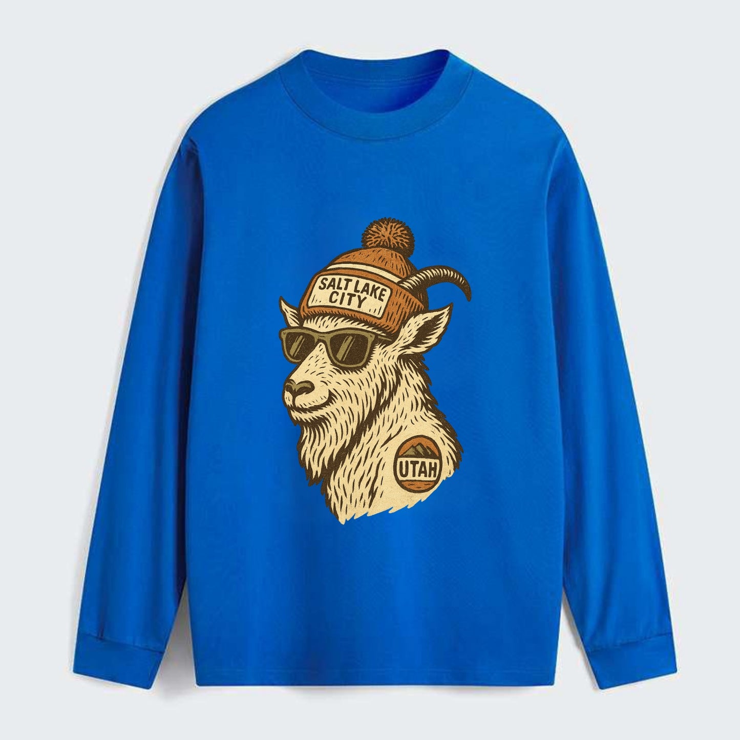 Utah Mountain Goat wearing Salt Lake City beanie with pom pom and - Classic Long Sleeve Shirt - Blue