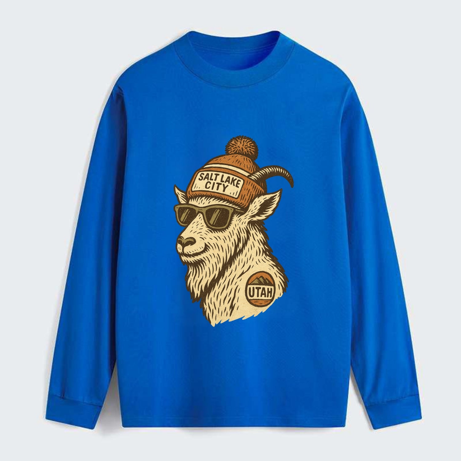 Utah Mountain Goat wearing Salt Lake City beanie with pom pom and - Classic Long Sleeve Shirt - Blue
