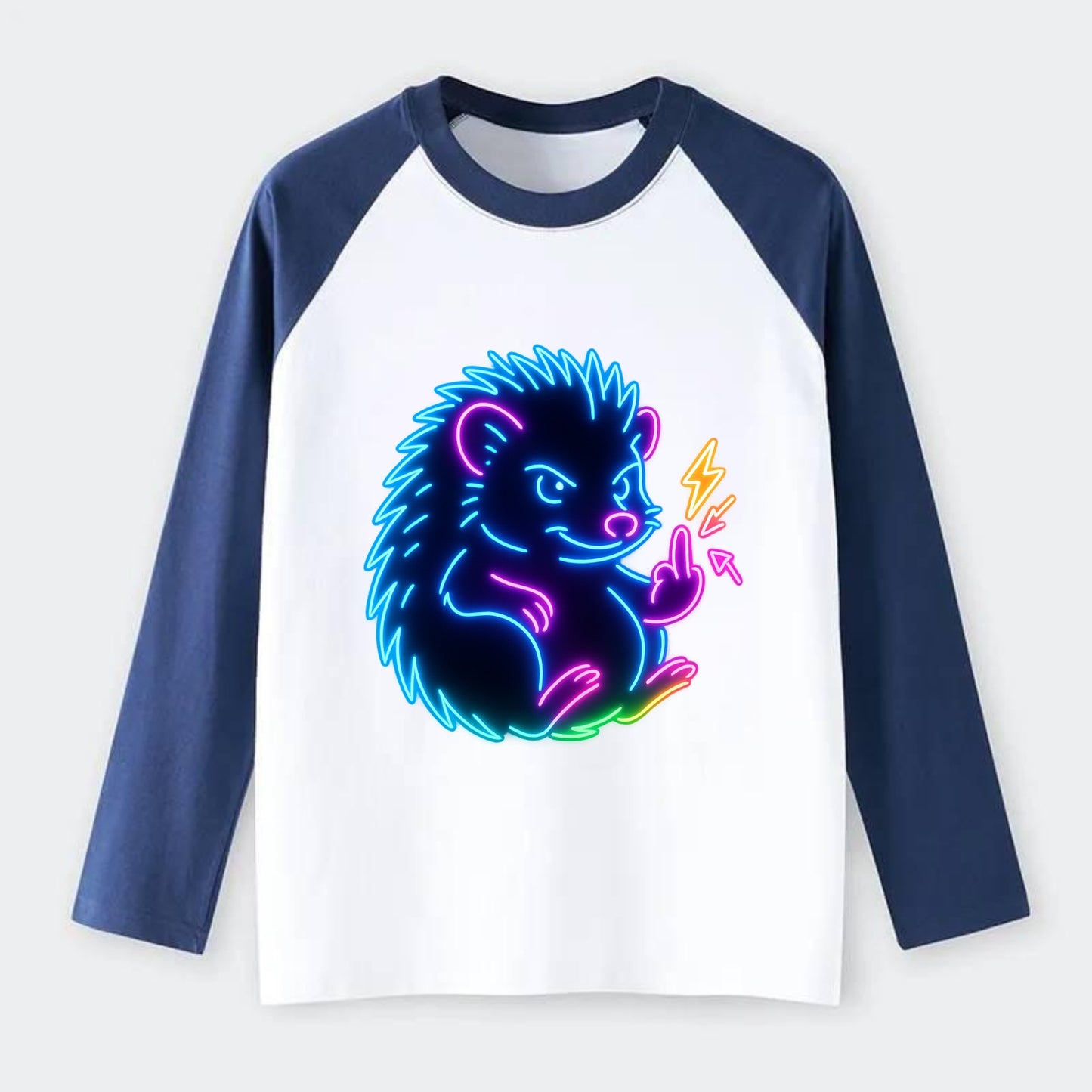 tiny hedgehog curled up slightly, one little paw raised flipping the - Raglan Long Sleeve T-Shirt - Blue