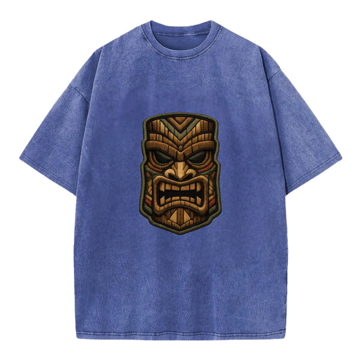 TIKI MASK - carved totem in brown and red , Polynesian - Vintage T-shirt - Blue
