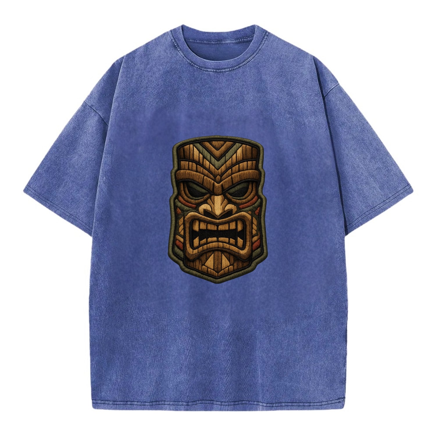 TIKI MASK - carved totem in brown and red , Polynesian - Vintage T-shirt - Blue