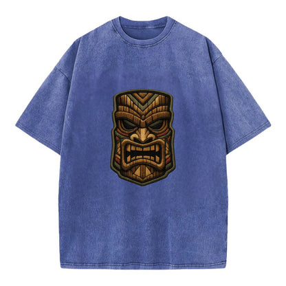 TIKI MASK - carved totem in brown and red , Polynesian - Vintage T-shirt - Blue