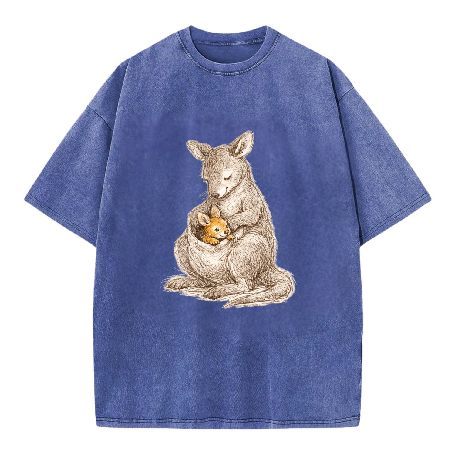 MOTHER'S POUCH | Kangaroo maternal embrace | Joey safe inside | Protective love | - Vintage T-shirt - Blue
