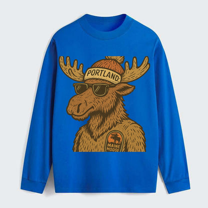 Maine Moose wearing Portland beanie with pom pom and wayfarer sunglasses - Classic Long Sleeve Shirt - Blue