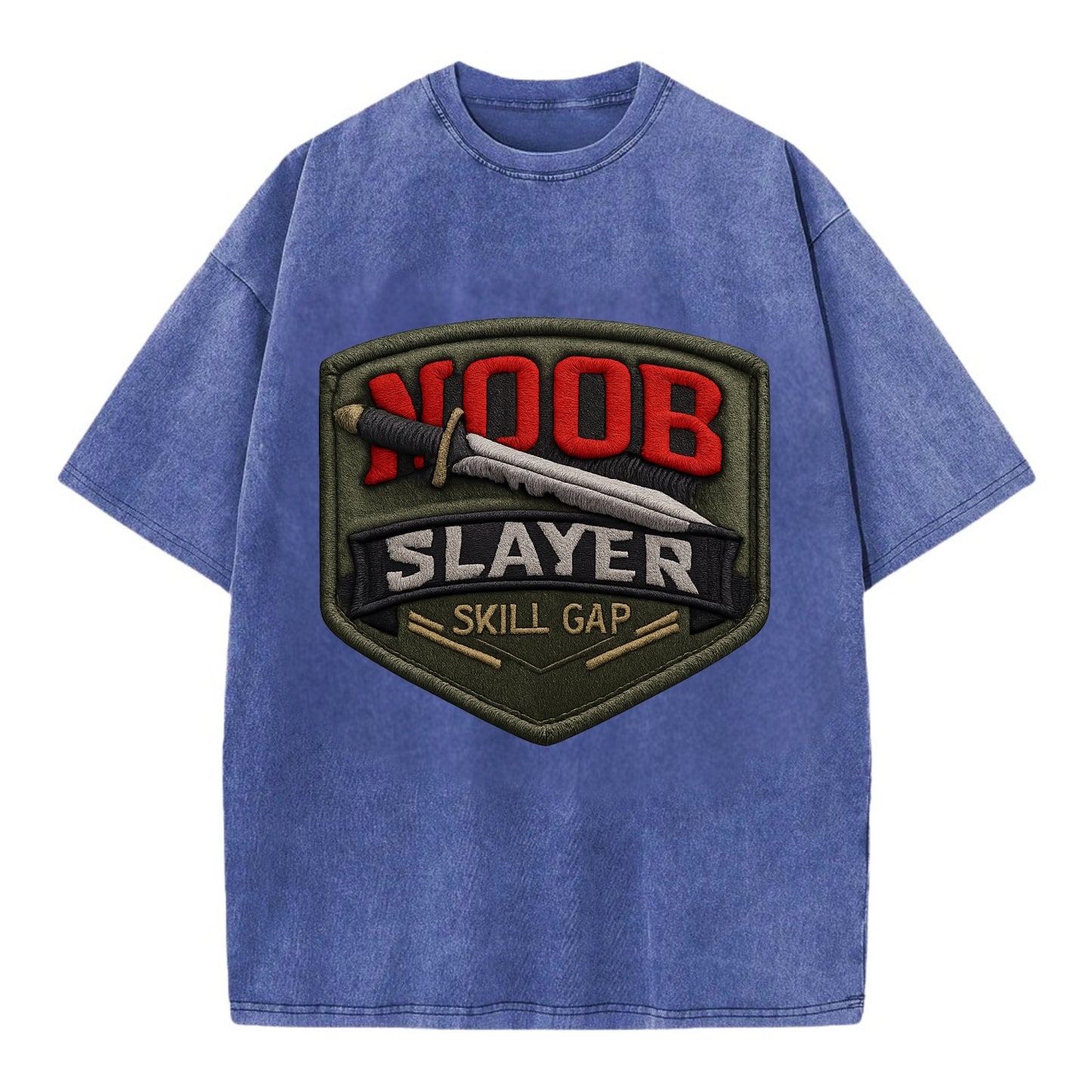 NOOB SLAYER - sword through noob text in red and silver , skill gap - Vintage T-shirt - Blue