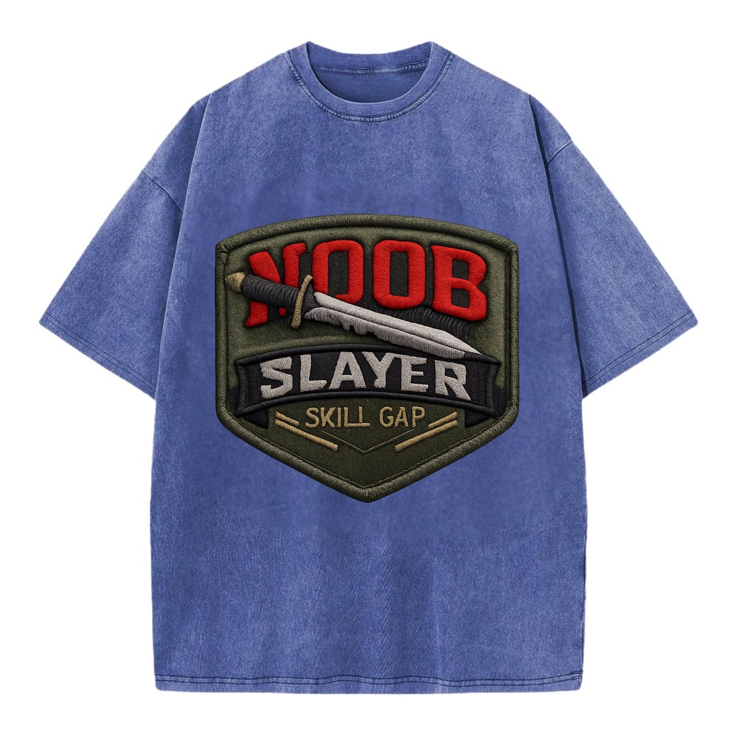 NOOB SLAYER - sword through noob text in red and silver , skill gap - Vintage T-shirt - Blue