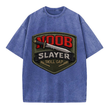 NOOB SLAYER - sword through noob text in red and silver , skill gap - Vintage T-shirt - Blue