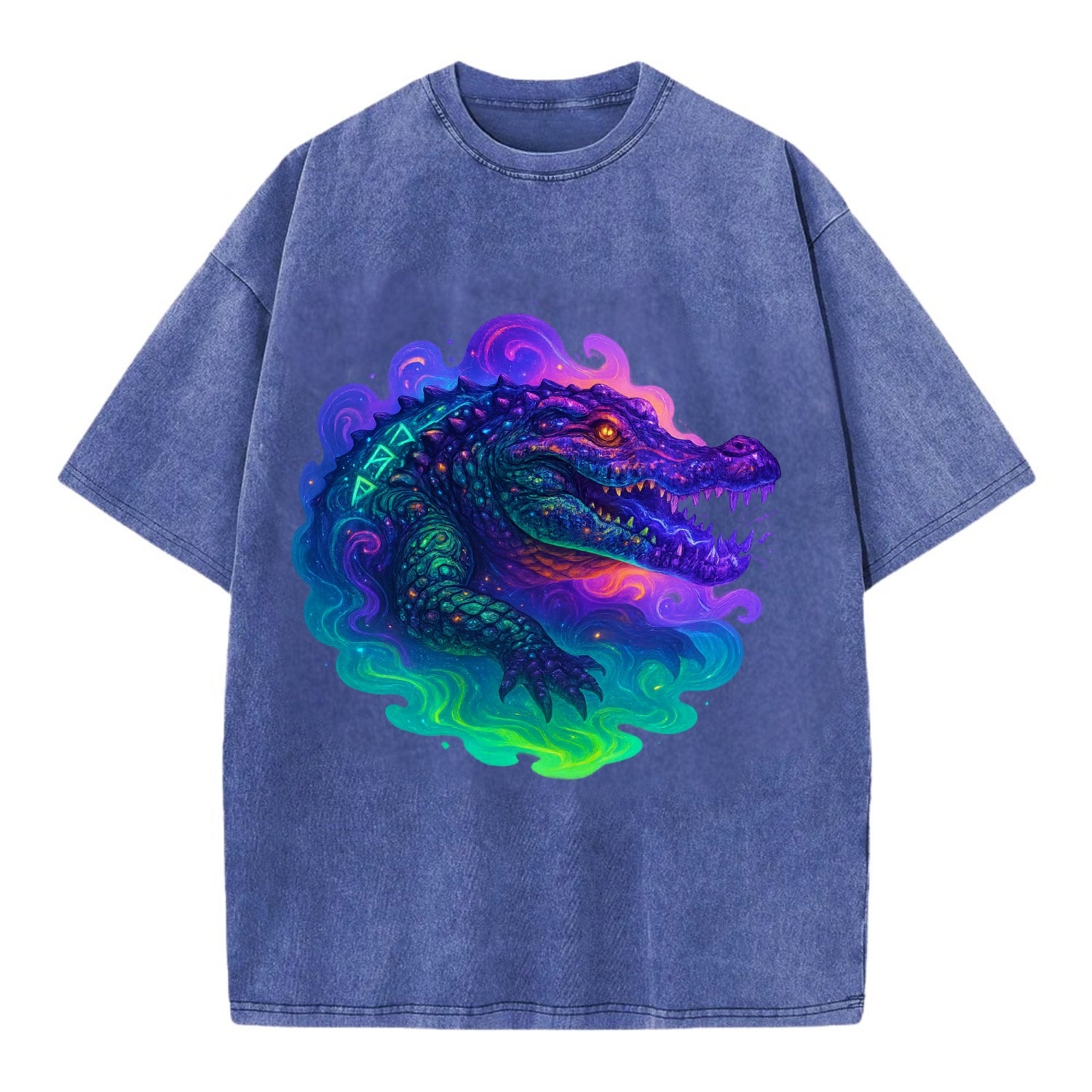 Primordial crocodile with scales pulsing plasma energy in green and purple, - Vintage T-shirt - Blue
