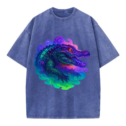 Primordial crocodile with scales pulsing plasma energy in green and purple, - Vintage T-shirt - Blue