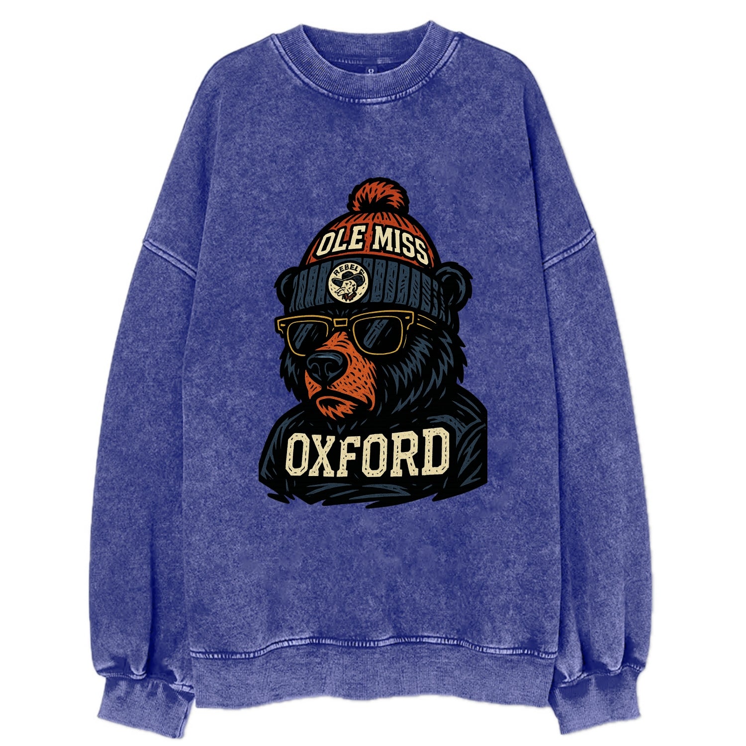 Oxford Black Bear wearing Ole Miss beanie with rebel patch - Vintage Sweatshirt - Blue