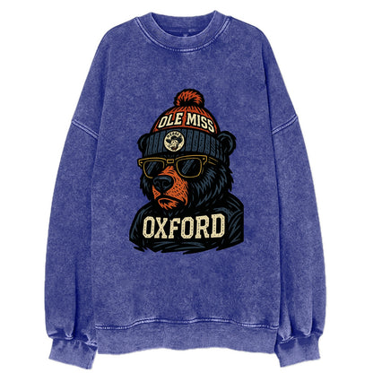 Oxford Black Bear wearing Ole Miss beanie with rebel patch - Vintage Sweatshirt - Blue