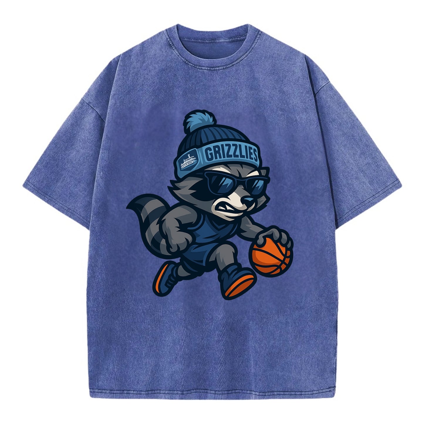 Memphis Raccoon wearing Grizzlies beanie with riverboat patch and wayfarer - Vintage T-shirt - Blue