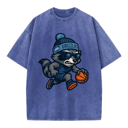 Memphis Raccoon wearing Grizzlies beanie with riverboat patch and wayfarer - Vintage T-shirt - Blue