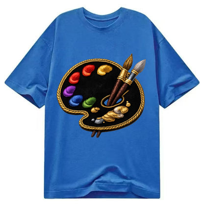 Embroidered patch design - PAINT PALETTE - artist palette with brushes in rainbow - Classic T-shirt - Blue