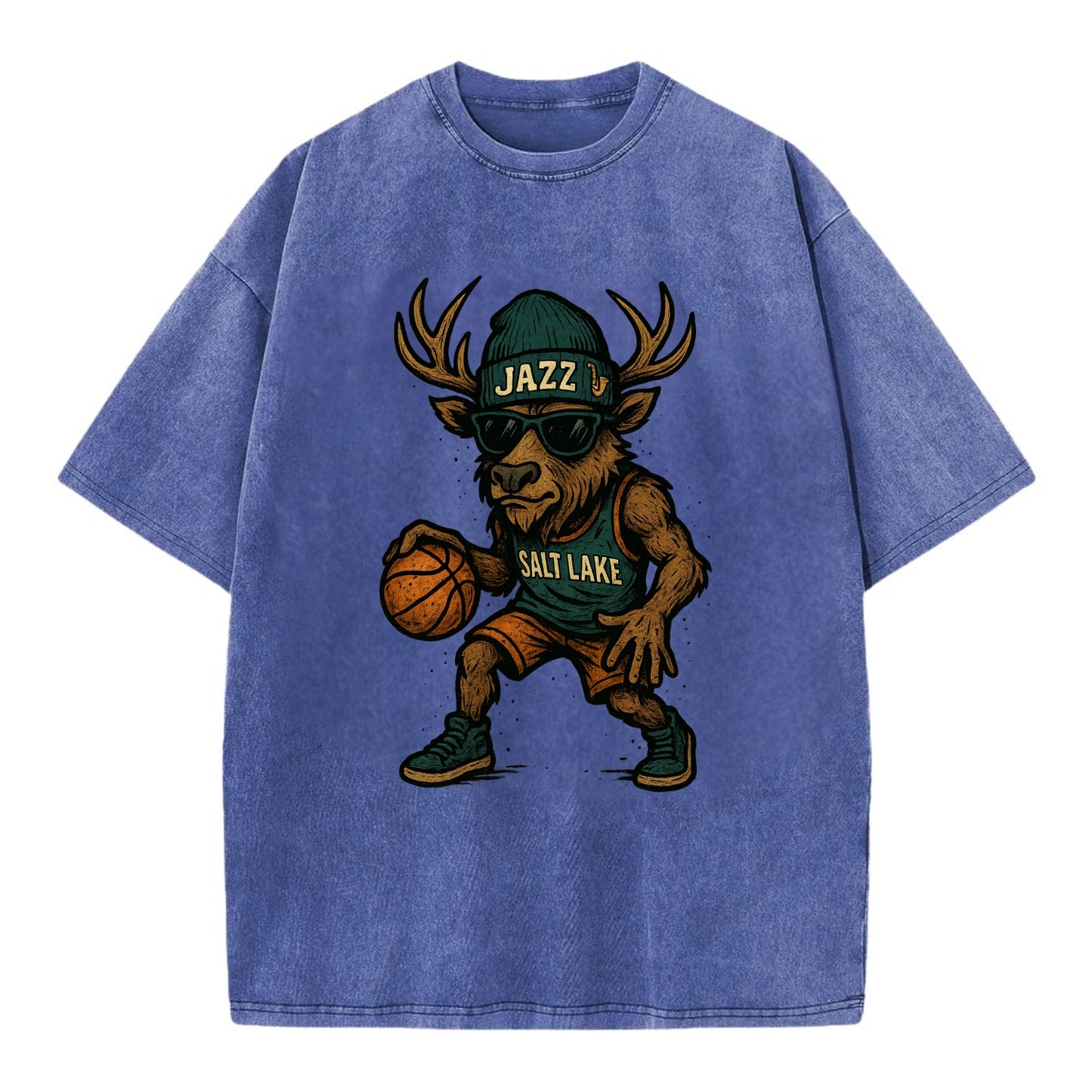 Salt Lake Elk wearing Jazz beanie with saxophone patch and wayfarer sunglasses - Vintage T-shirt - Blue