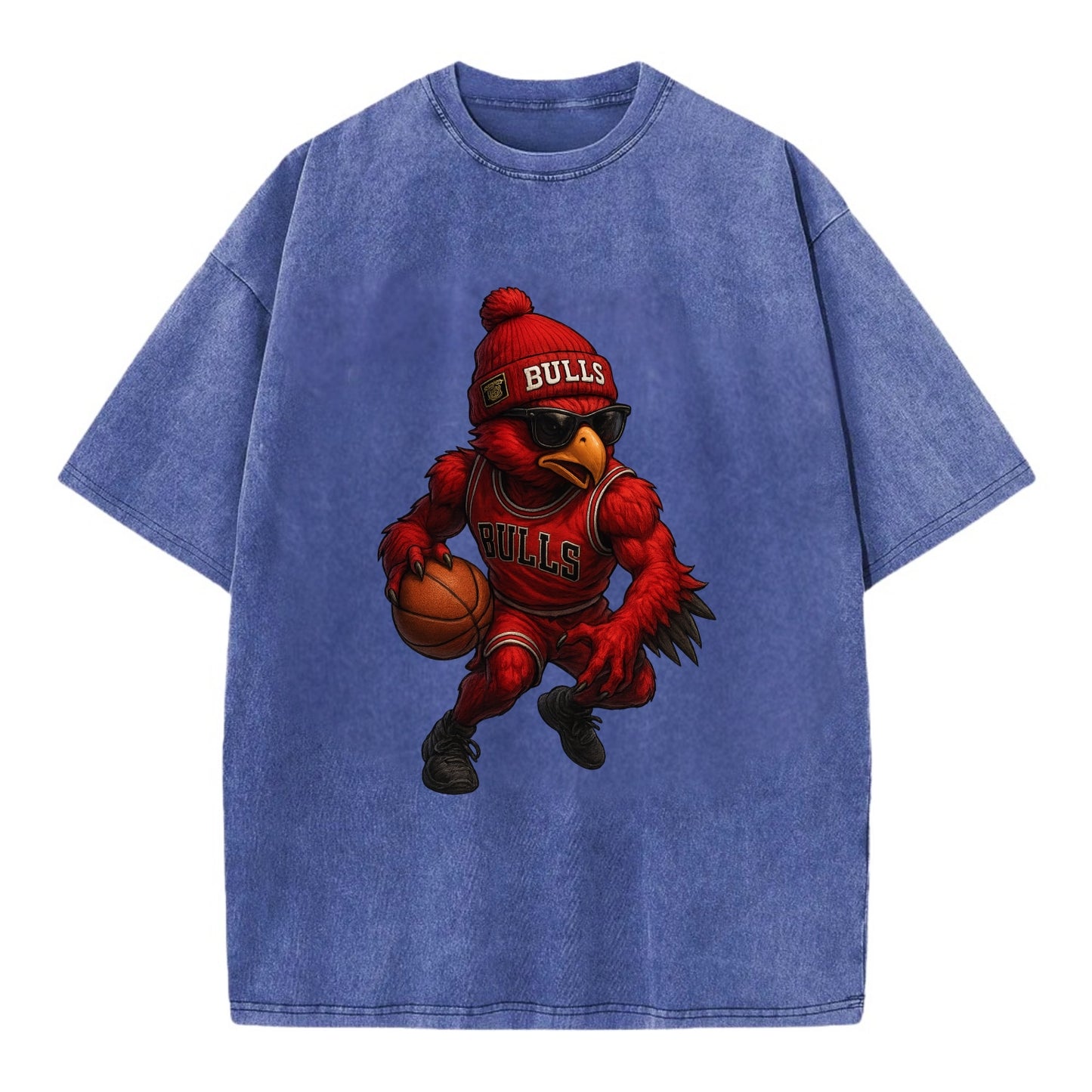 Windy City Hawk wearing Bulls beanie with six rings patch and wayfarer sunglasses - Vintage T-shirt - Blue