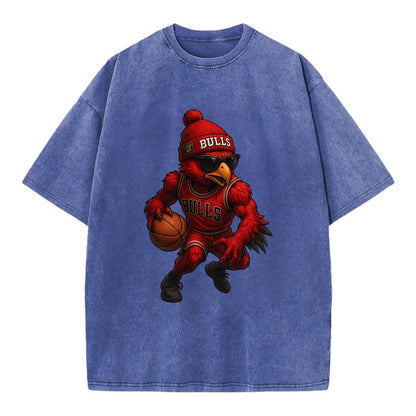 Windy City Hawk wearing Bulls beanie with six rings patch and wayfarer sunglasses - Vintage T-shirt - Blue