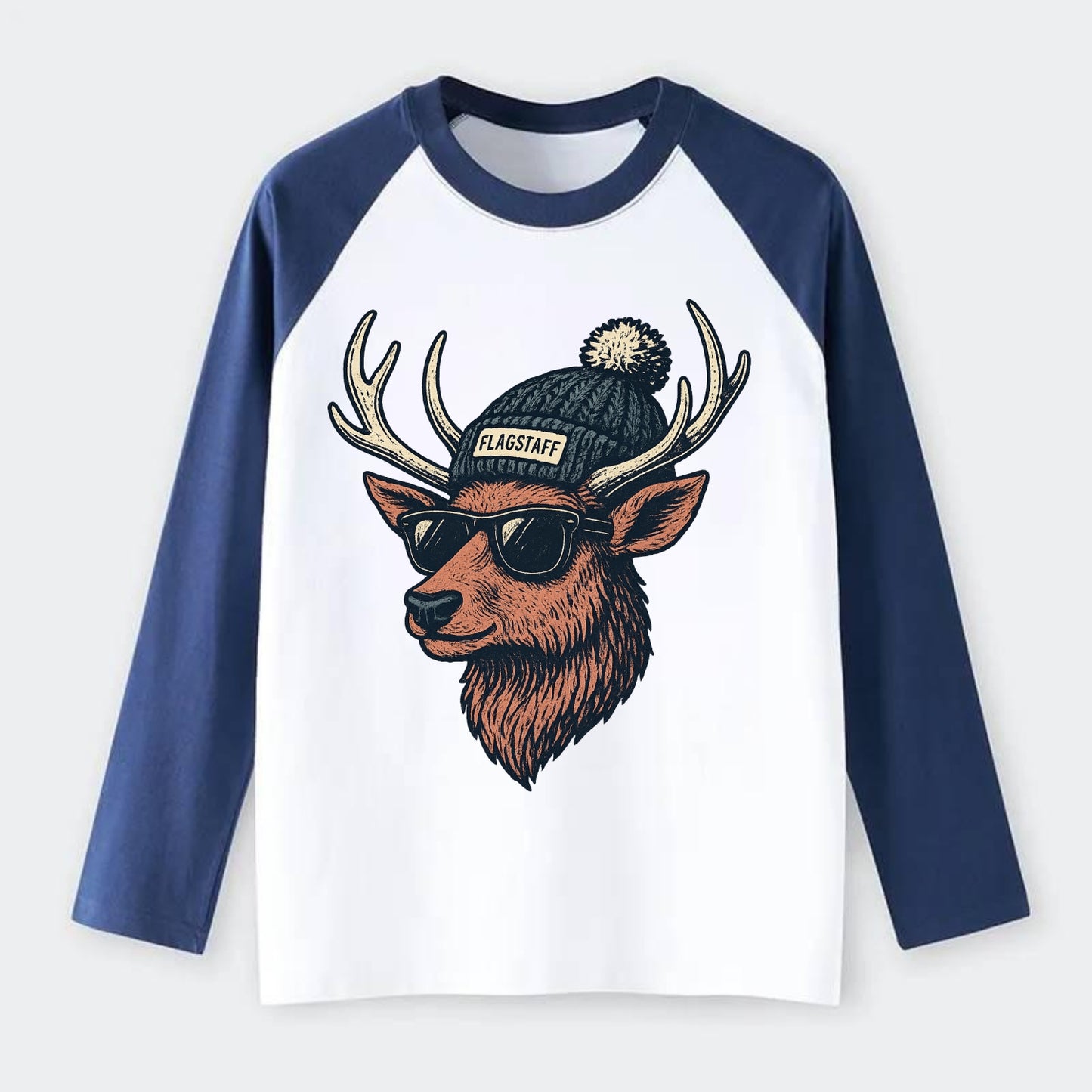 Flagstaff Elk wearing Flagstaff beanie with pom pom and wayfarer - Raglan Long Sleeve T-Shirt - Blue