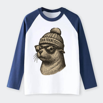 San Francisco Sea Lion wearing San Francisco beanie with pom pom and - Raglan Long Sleeve T-Shirt - Blue