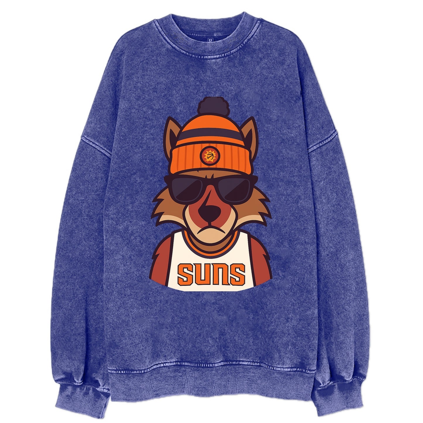 Arizona Coyote wearing Suns beanie with desert sun patch and wayfarer - Vintage Sweatshirt - Blue