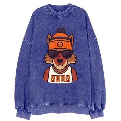Arizona Coyote wearing Suns beanie with desert sun patch and wayfarer - Vintage Sweatshirt - Blue