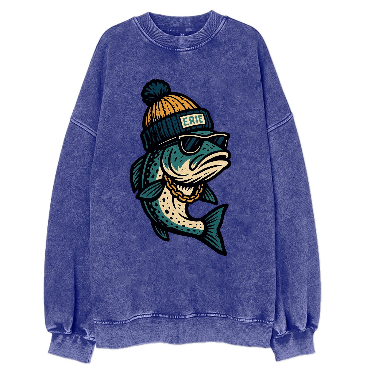 Erie Lake Trout wearing Erie beanie with - Vintage Sweatshirt - Blue
