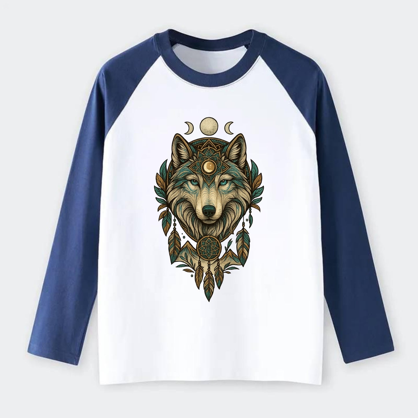 Pearl Wolf Shimmer  - Raglan Long Sleeve T-Shirt - Blue