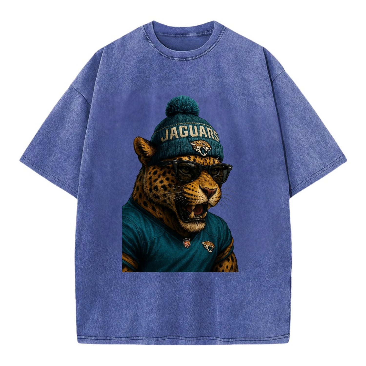 Jacksonville Jaguar wearing Jaguars teal and gold beanie with pom pom and - Vintage T-shirt - Blue