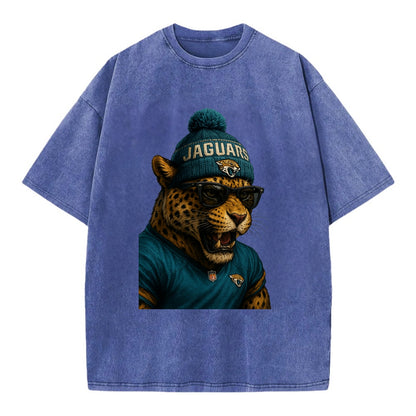 Jacksonville Jaguar wearing Jaguars teal and gold beanie with pom pom and - Vintage T-shirt - Blue