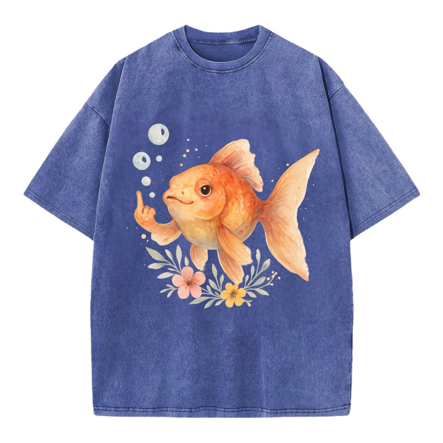 chubby goldfish blowing bubbles, one fin extended like middle finger - Vintage T-shirt - Blue