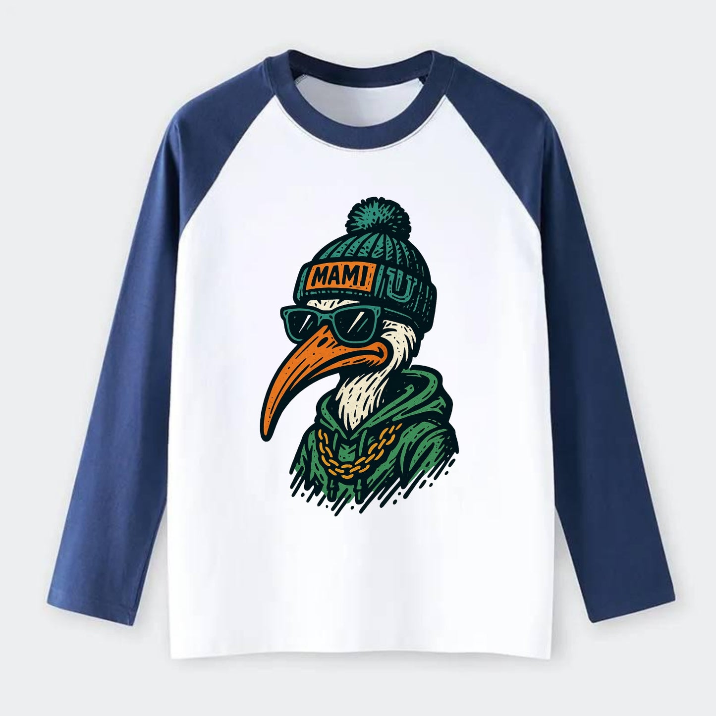 Coral Gables Ibis wearing Miami beanie with U patch - Raglan Long Sleeve T-Shirt - Blue