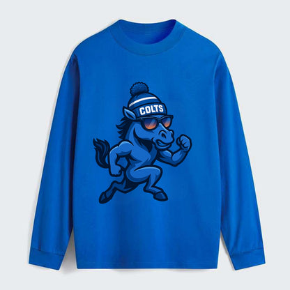 Indianapolis Colt Horse wearing Colts blue and white beanie with pom - Classic Long Sleeve Shirt - Blue