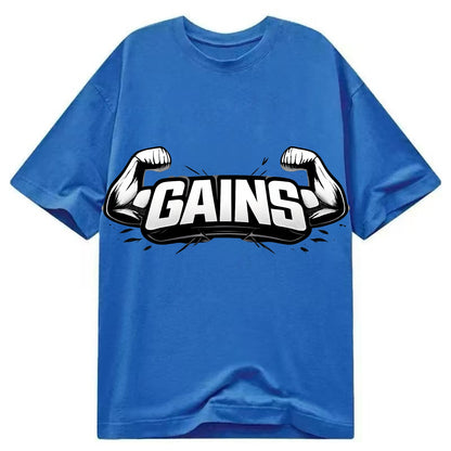 Bold typography design - "GAINS" - muscle growth, progress visible - Classic T-shirt - Blue