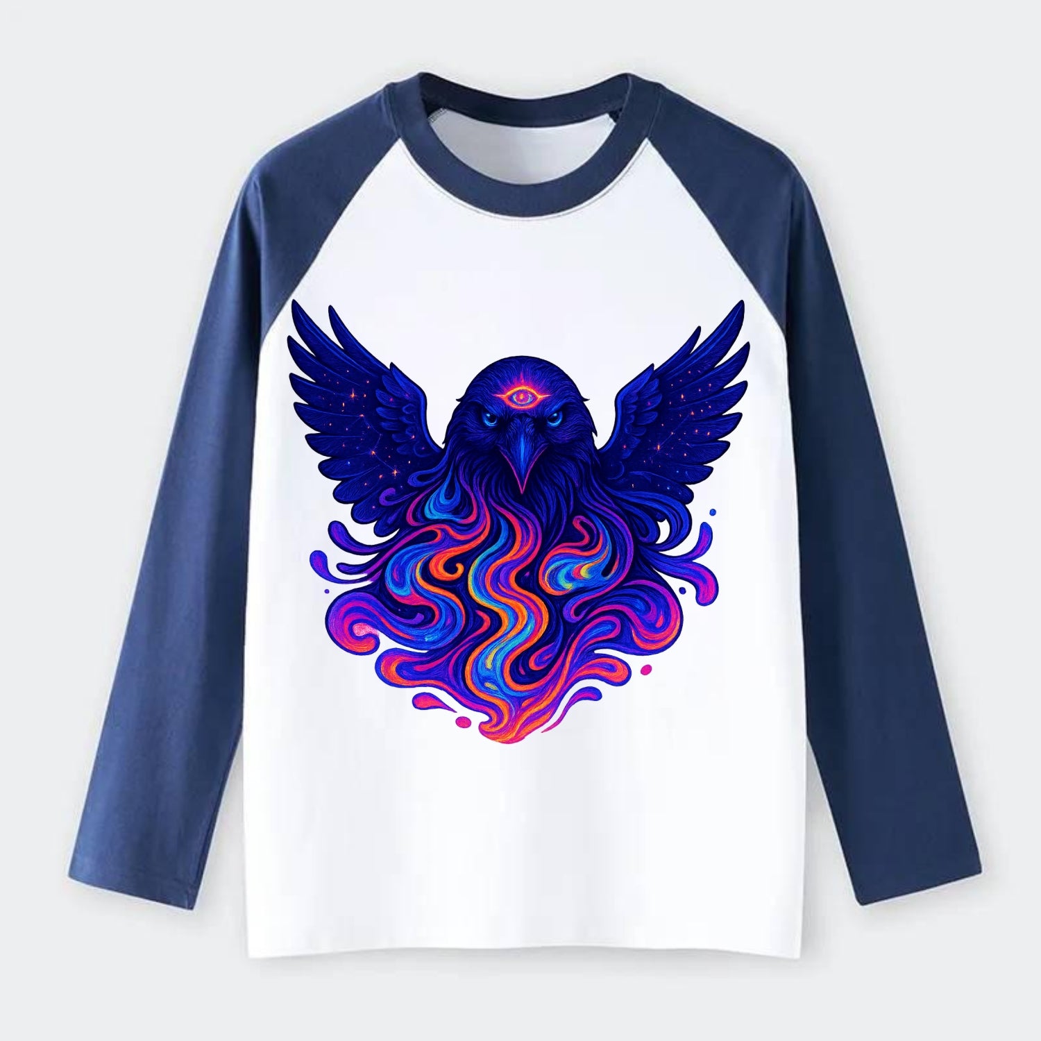 Mysterious raven with feathers showing future visions in neon colors, - Raglan Long Sleeve T-Shirt - Blue