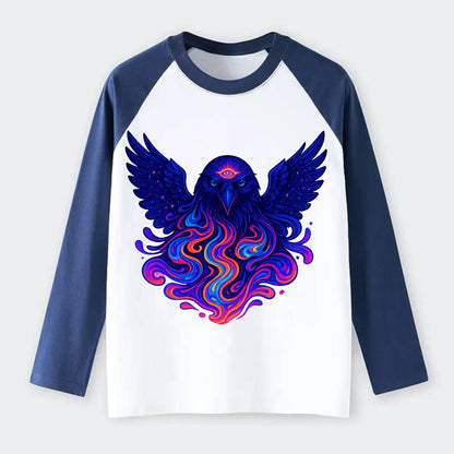 Mysterious raven with feathers showing future visions in neon colors, - Raglan Long Sleeve T-Shirt - Blue